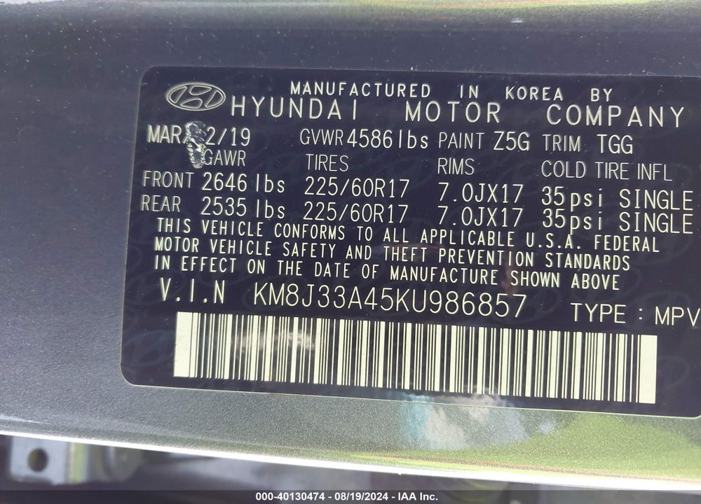 2019 HYUNDAI TUCSON VALUE VIN: KM8J33A45KU986857