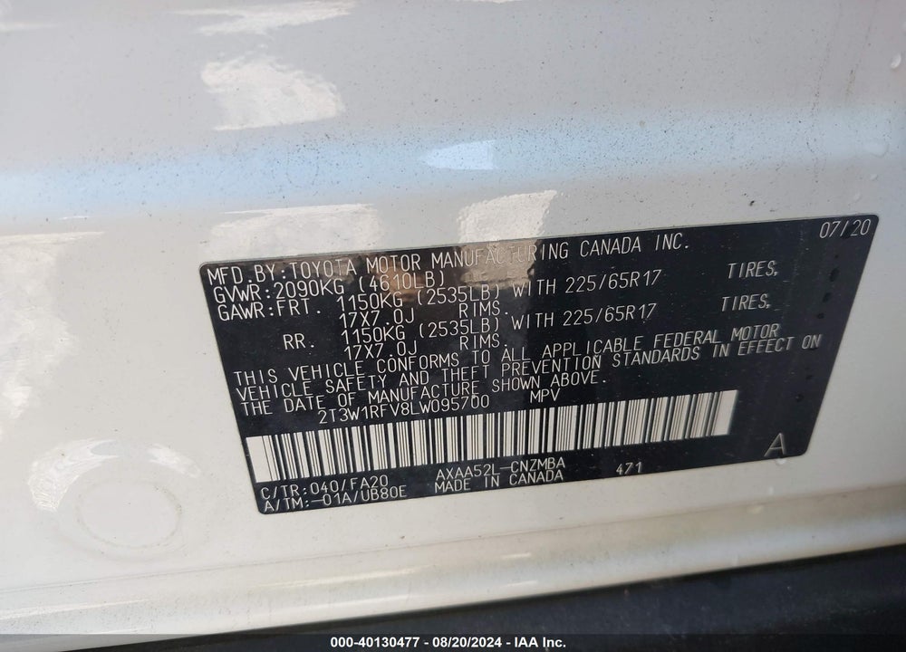 2020 TOYOTA RAV4 XLE VIN: 2T3W1RFV8LW095700