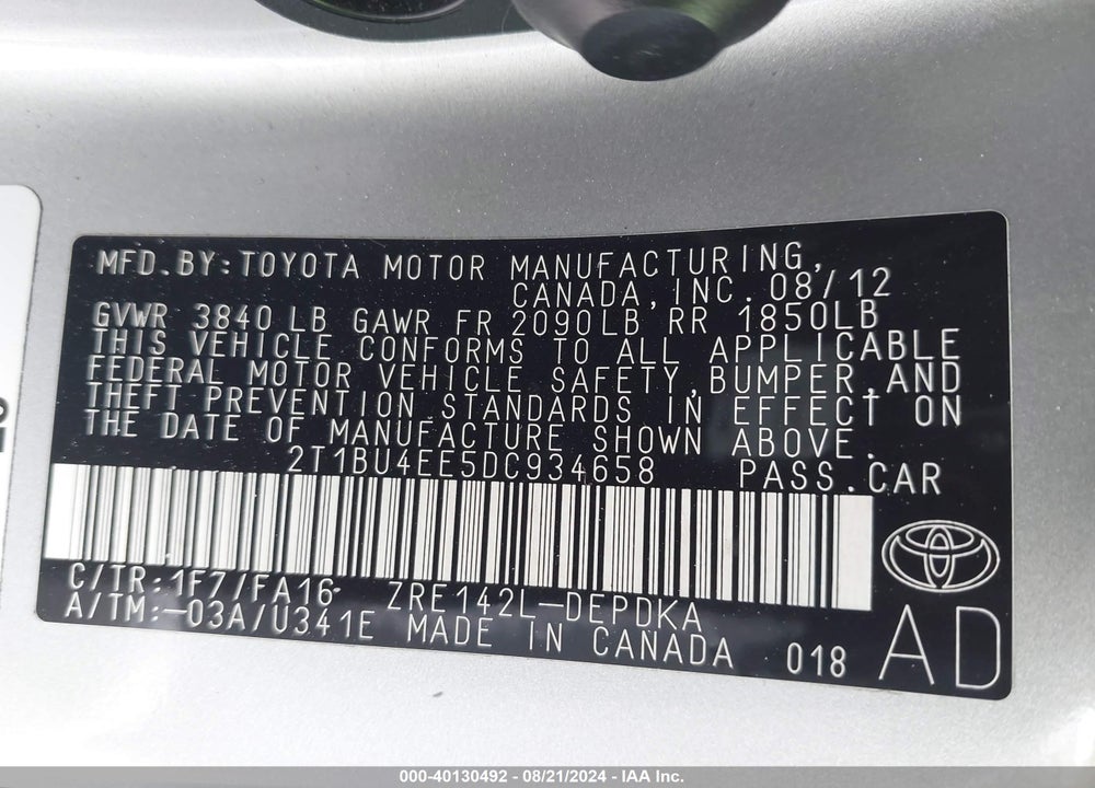 2013 TOYOTA COROLLA L VIN: 2T1BU4EE5DC934658
