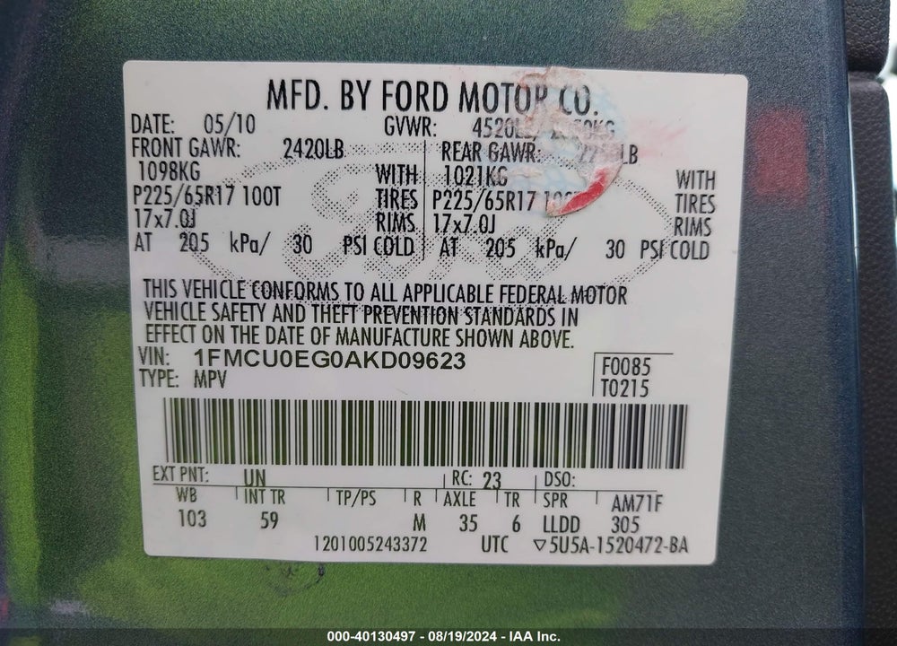 2010 FORD ESCAPE LIMITED VIN: 1FMCU0EG0AKD09623