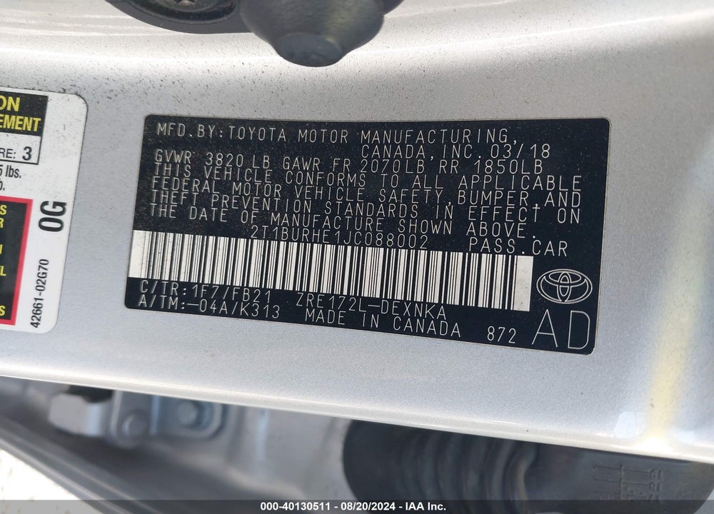 2018 TOYOTA COROLLA LE VIN: 2T1BURHE1JC088002
