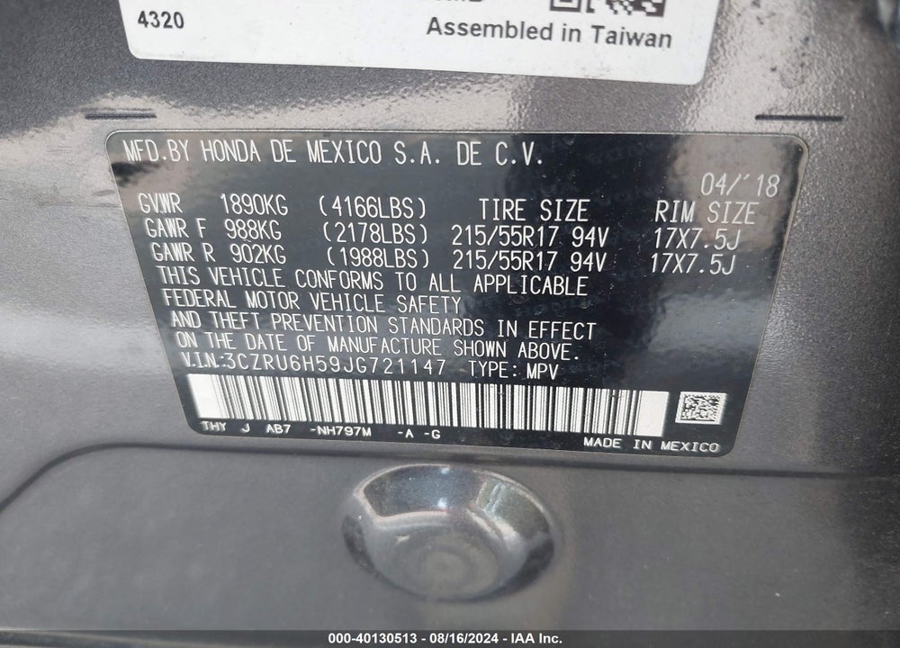 2018 HONDA HR-V EX VIN: 3CZRU6H59JG721147
