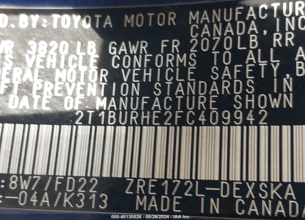 2015 TOYOTA COROLLA S PLUS VIN: 2T1BURHE2FC409942