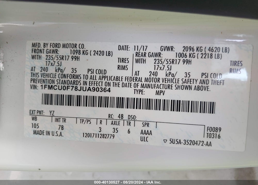2018 FORD ESCAPE S VIN: 1FMCU0F78JUA90364