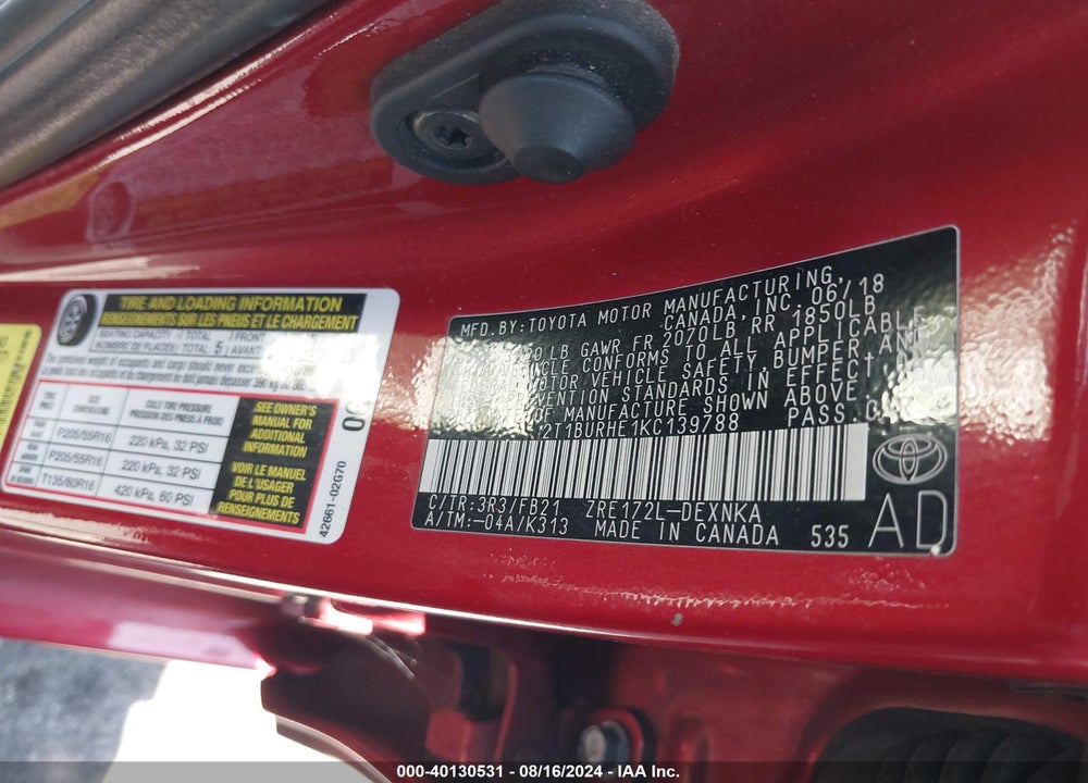 2019 TOYOTA COROLLA LE VIN: 2T1BURHE1KC139788