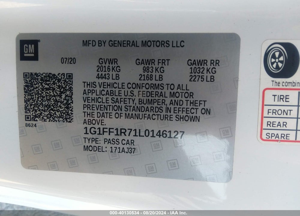 2020 CHEVROLET CAMARO RWD LT1 VIN: 1G1FF1R71L0146127