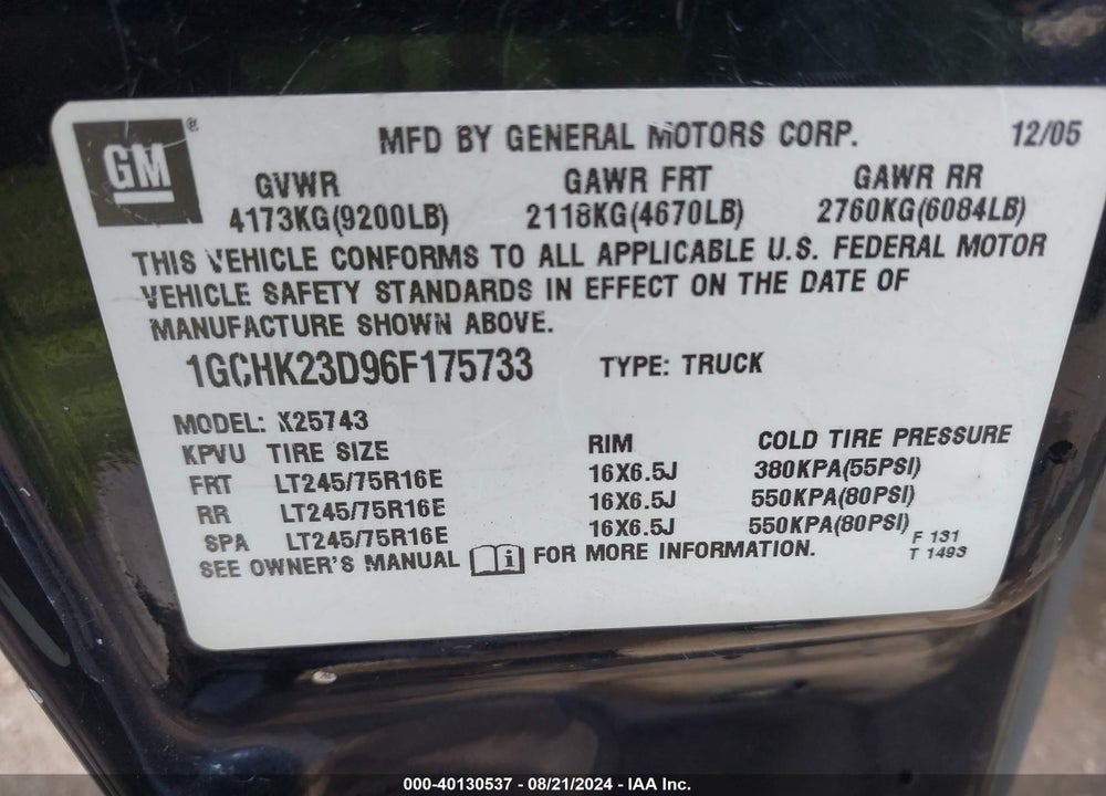 2006 CHEVROLET SILVERADO 2500HD LT3 VIN: 1GCHK23D96F175733