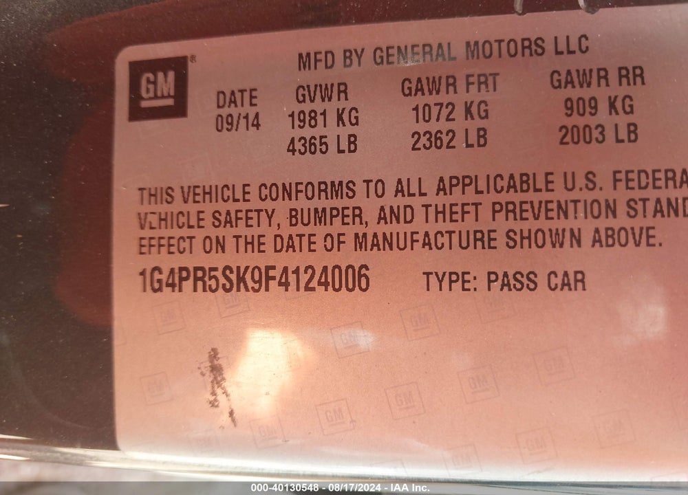2015 BUICK VERANO CONVENIENCE GROUP VIN: 1G4PR5SK9F4124006