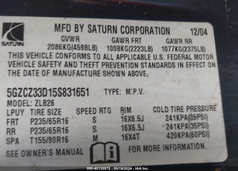 2005 SATURN VUE 4 CYL VIN: 5GZCZ33D15S831651
