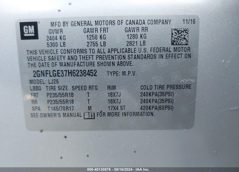 2017 CHEVROLET EQUINOX VIN: 2GNFLGE37H6238452