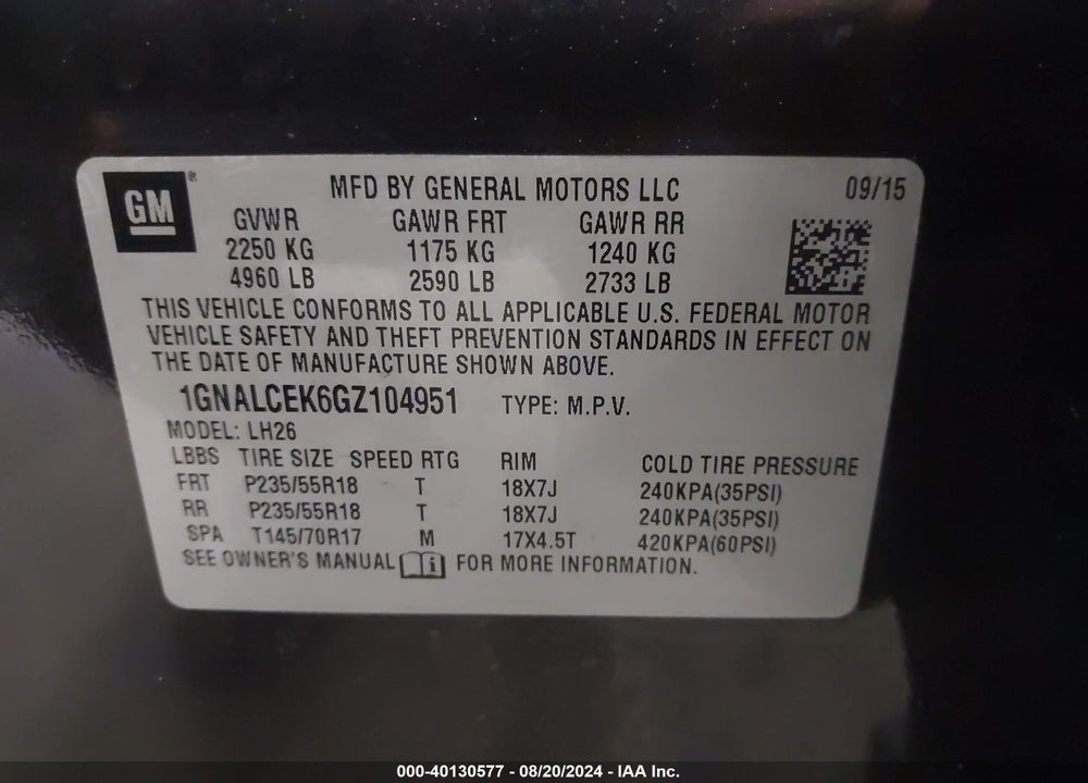 2016 CHEVROLET EQUINOX LT VIN: 1GNALCEK6GZ104951