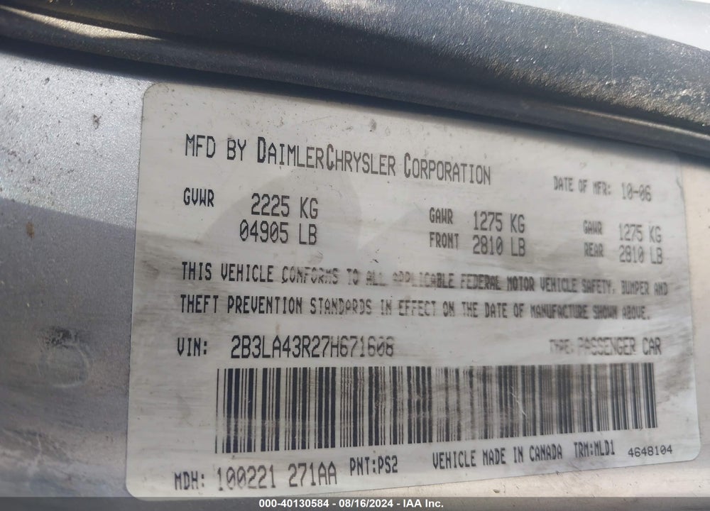 2007 DODGE CHARGER VIN: 2B3LA43R27H671608