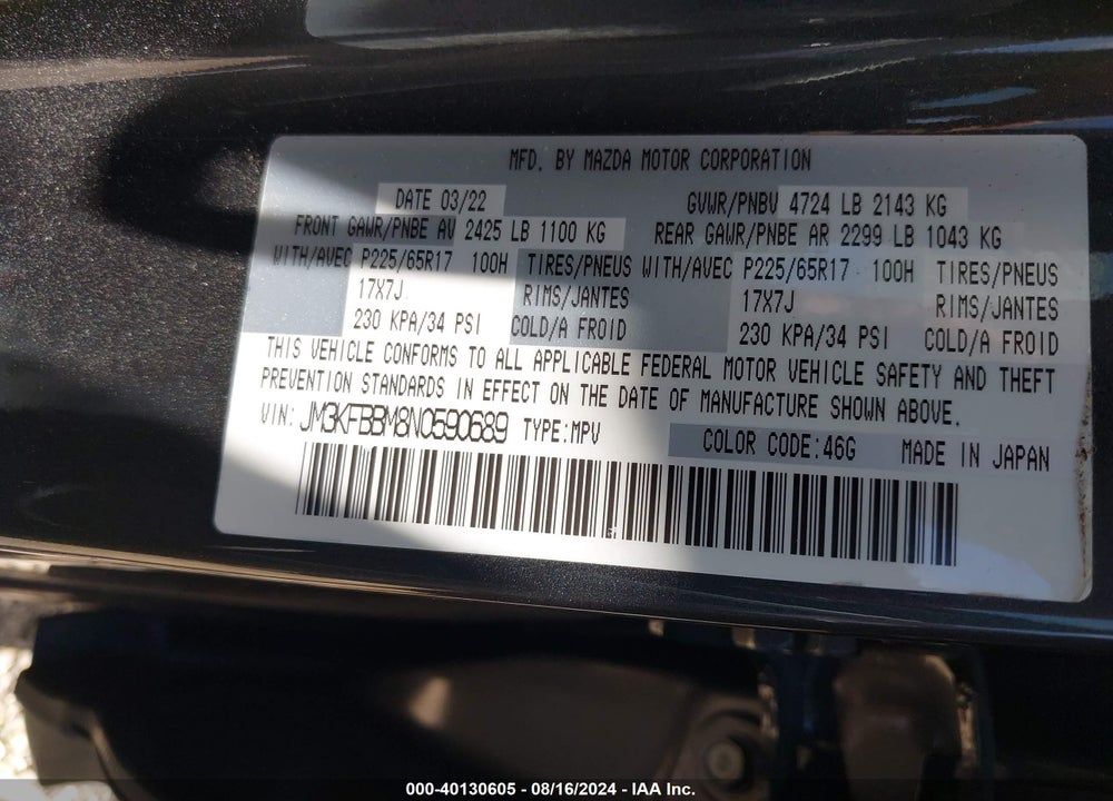 2022 MAZDA CX-5 2.5 S SELECT VIN: JM3KFBBM8N0590689
