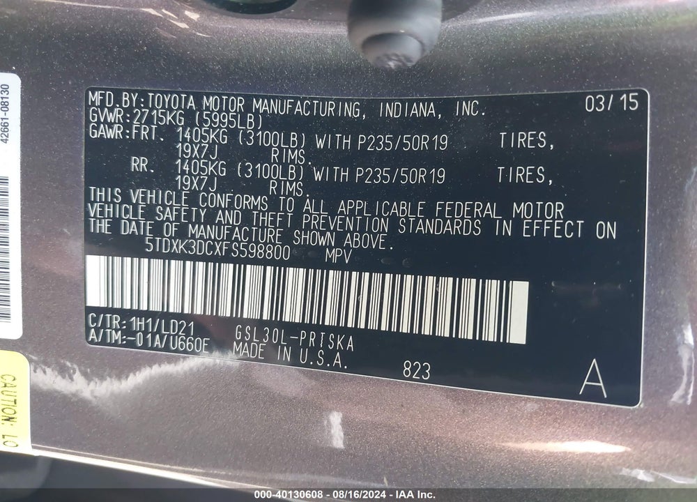 2015 TOYOTA SIENNA SE PREMIUM 8 PASSENGER VIN: 5TDXK3DCXFS598800