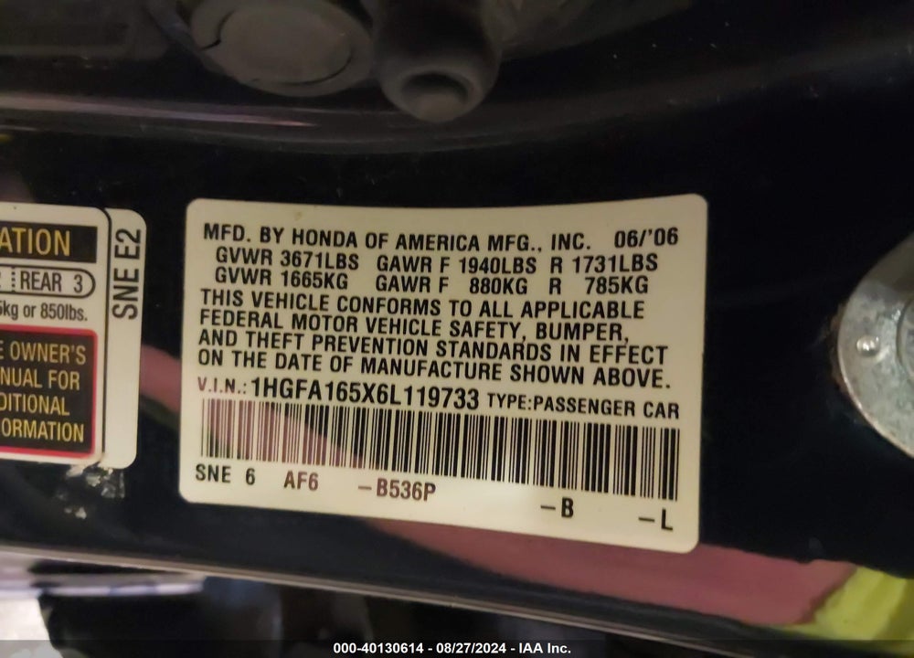 2006 HONDA CIVIC LX VIN: 1HGFA165X6L119733