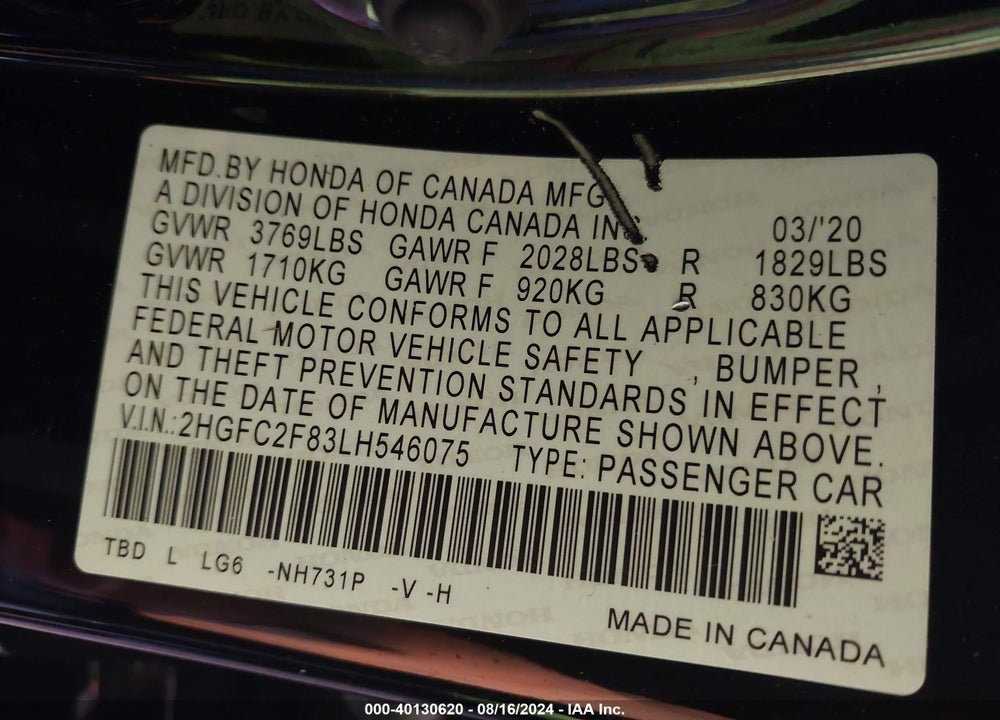 2020 HONDA CIVIC SPORT VIN: 2HGFC2F83LH546075