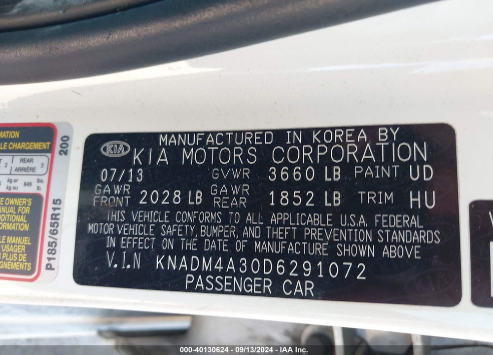 2013 KIA RIO LX VIN: KNADM4A30D6291072