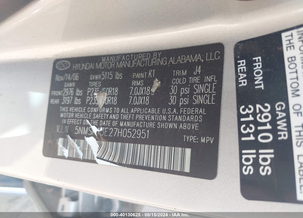 2007 HYUNDAI SANTA FE LIMITED/SE VIN: 5NMSH13E27H052951