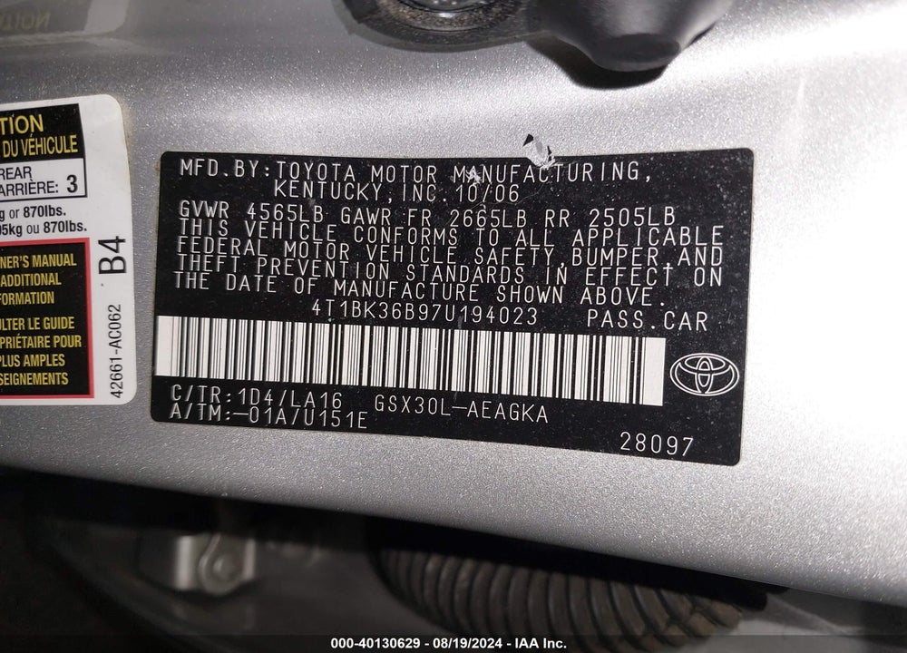 2007 TOYOTA AVALON XLS VIN: 4T1BK36B97U194023