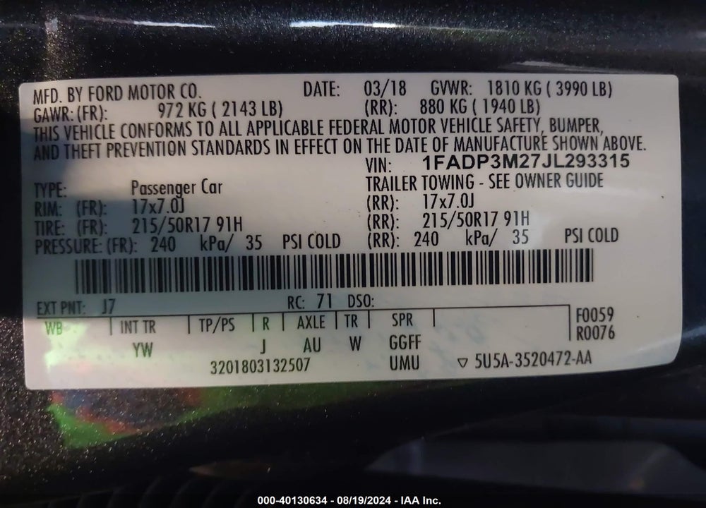 2018 FORD FOCUS SEL VIN: 1FADP3M27JL293315