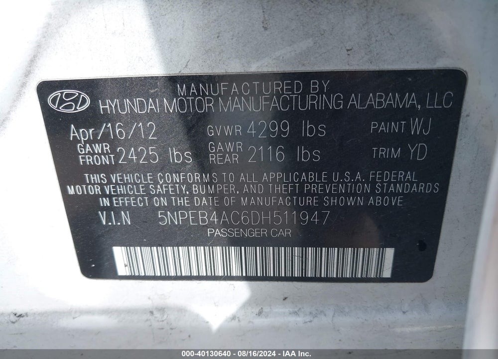 2013 HYUNDAI SONATA GLS VIN: 5NPEB4AC6DH511947