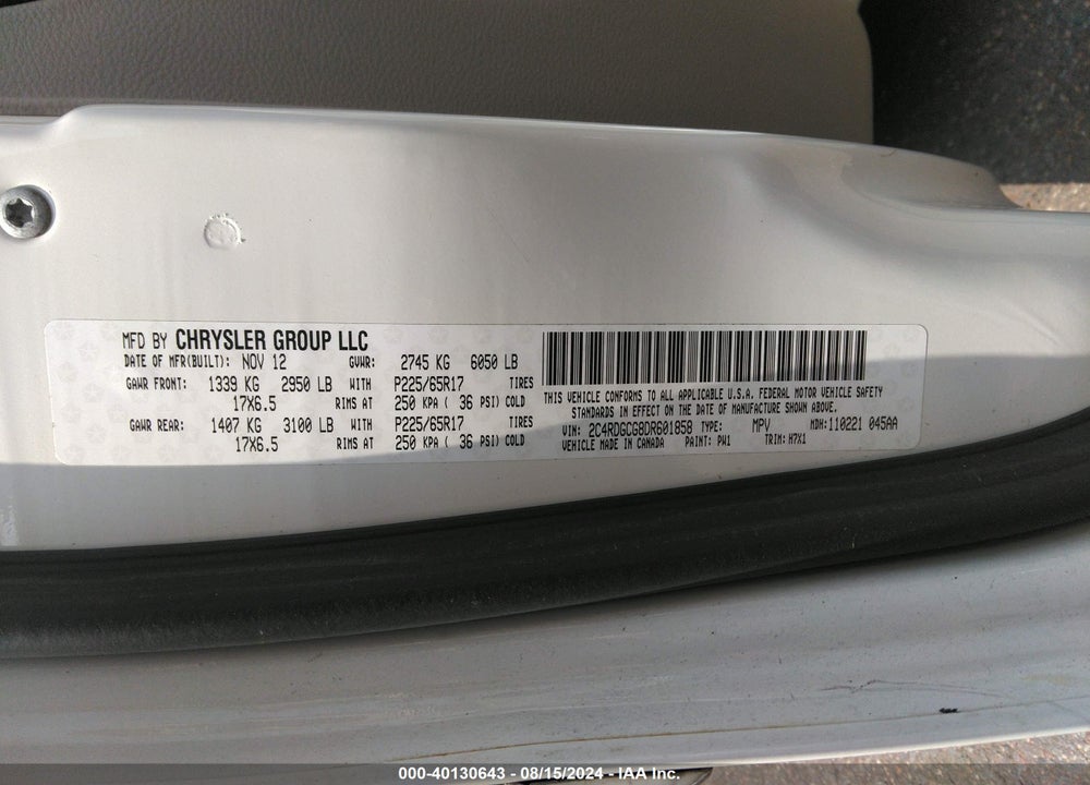 2013 DODGE GRAND CARAVAN SXT VIN: 2C4RDGCG8DR601858