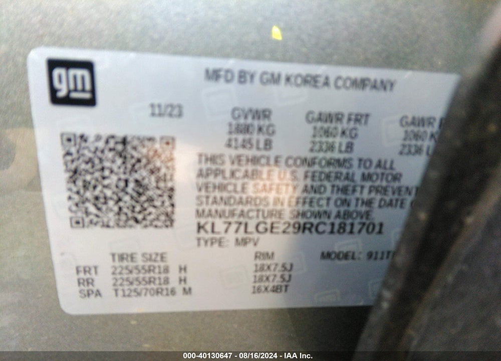 2024 CHEVROLET TRAX FWD 1RS VIN: KL77LGE29RC181701