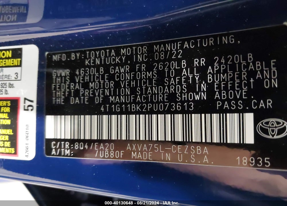 2023 TOYOTA CAMRY VIN: 4T1G11BK2PU073613
