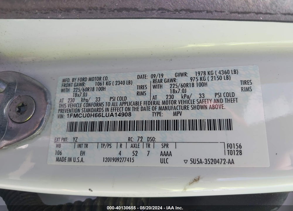 2020 FORD ESCAPE SEL VIN: 1FMCU0H66LUA14908