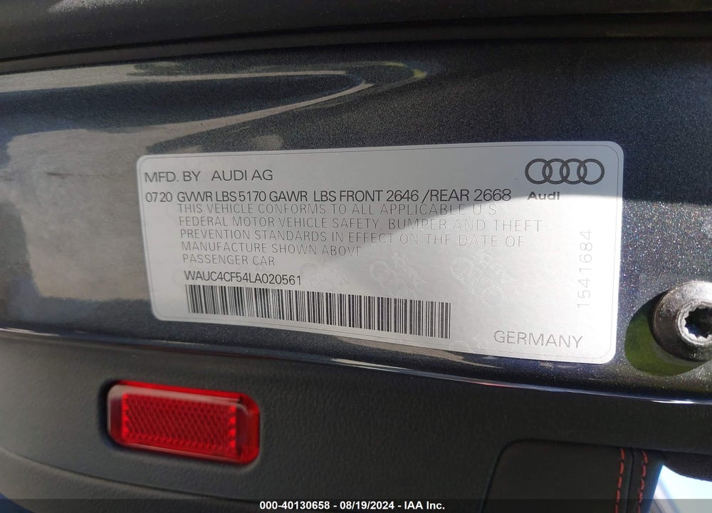 2020 AUDI S5 SPORTBACK PREMIUM PLUS TFSI QUATTRO TIPTRONIC VIN: WAUC4CF54LA020561
