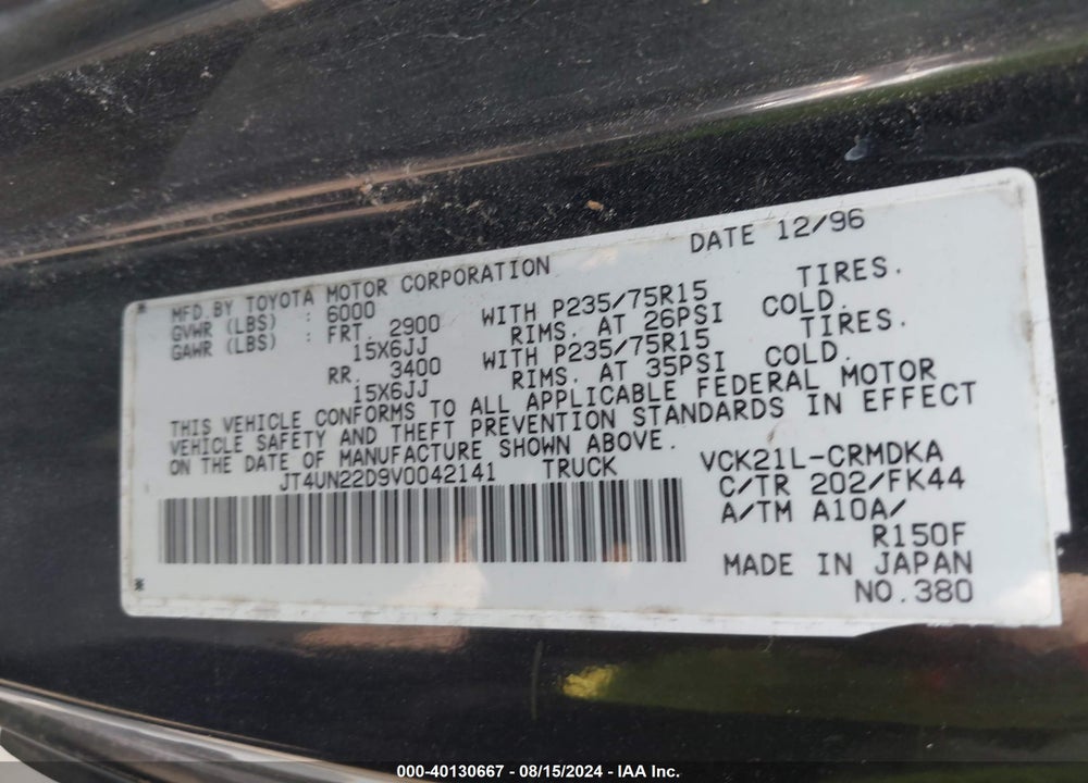 1997 TOYOTA T100 DX V6 VIN: JT4UN22D9V0042141
