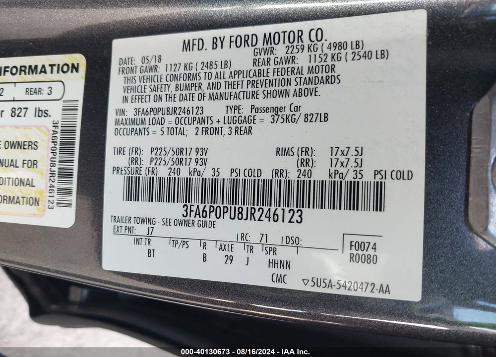 2018 FORD FUSION ENERGI VIN: 3FA6P0PU8JR246123