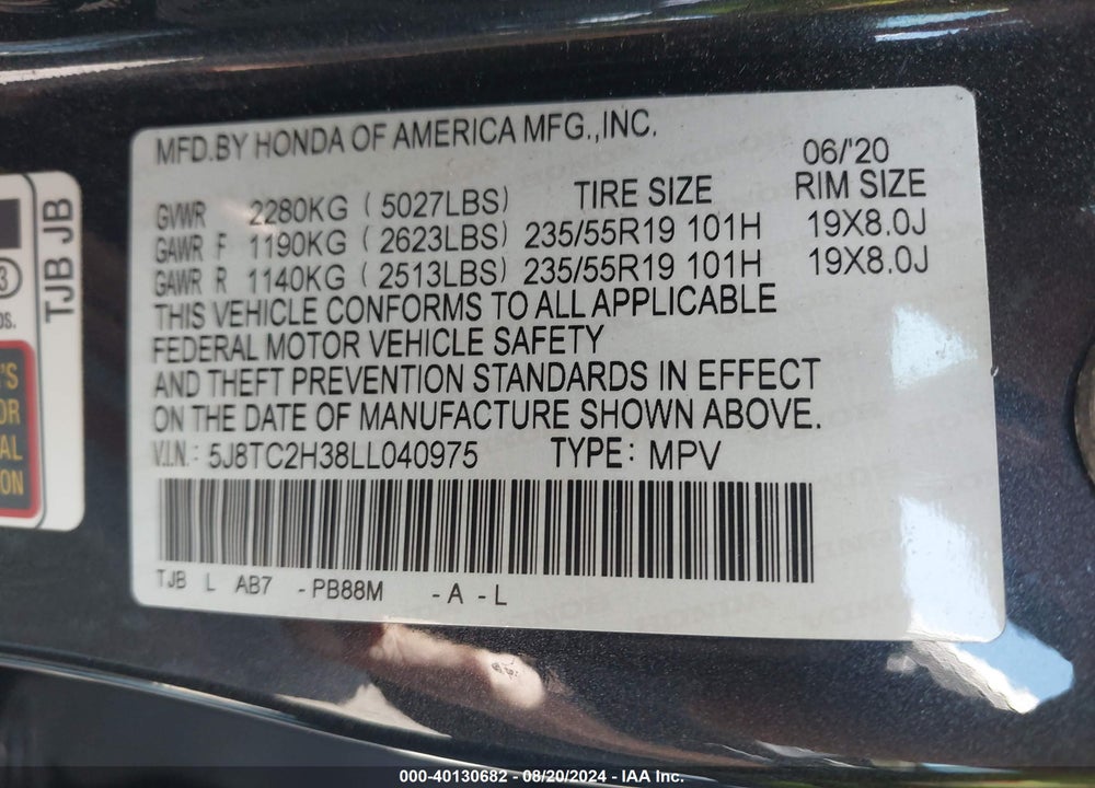 2020 ACURA RDX STANDARD VIN: 5J8TC2H38LL040975