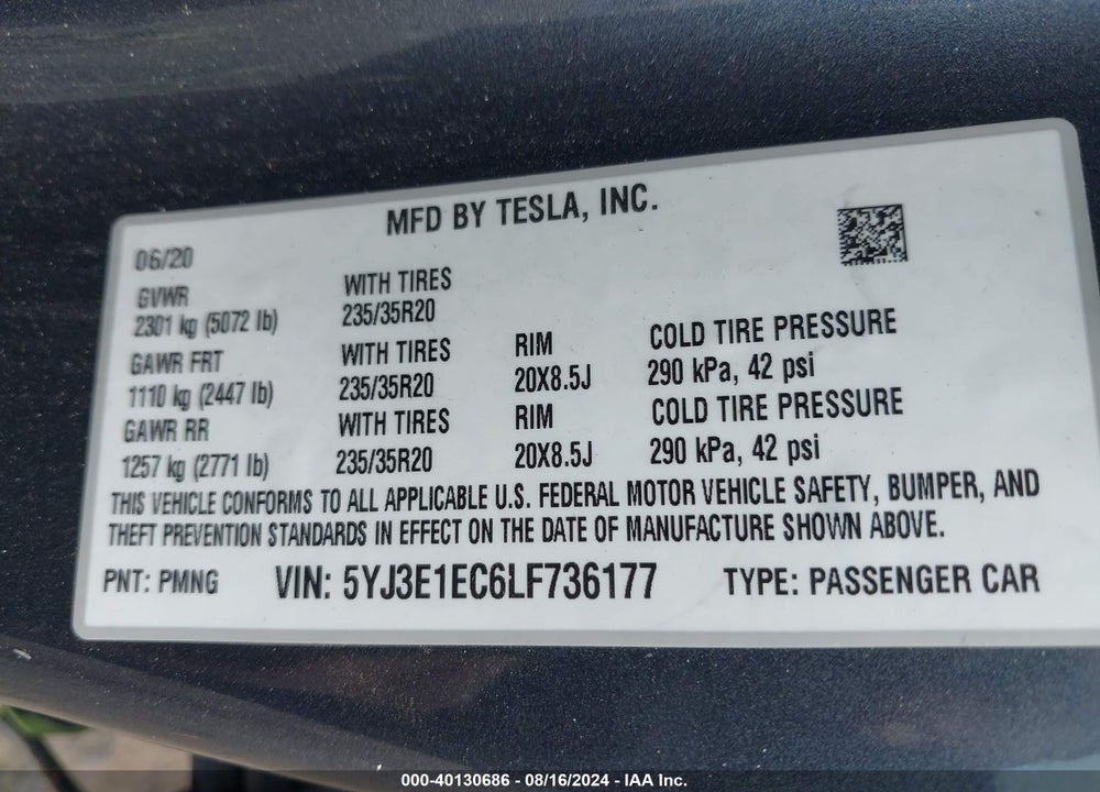 2020 TESLA MODEL 3 PERFORMANCE DUAL MOTOR ALL-WHEEL DRIVE VIN: 5YJ3E1EC6LF736177
