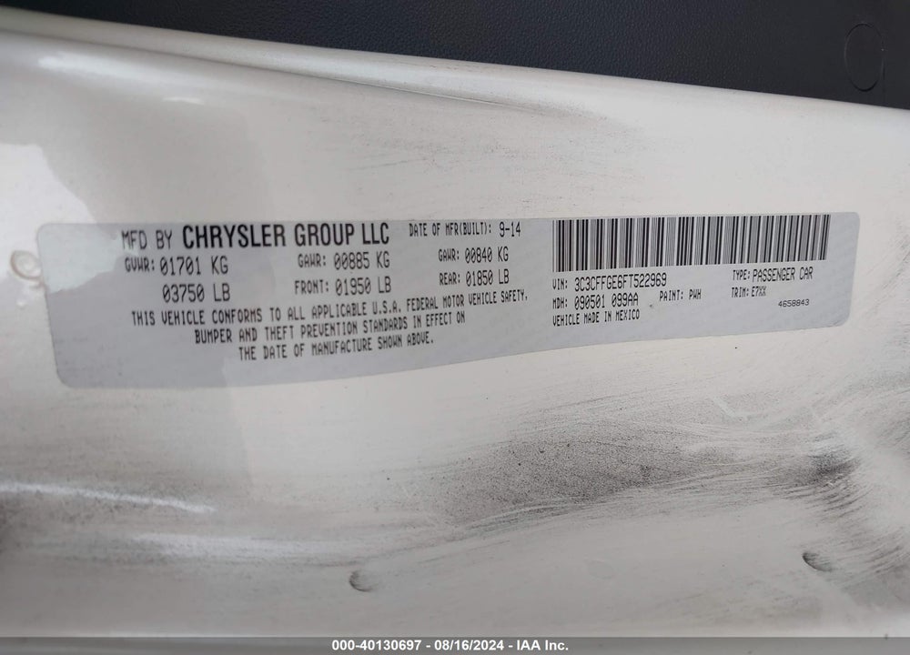 2015 FIAT 500E BATTERY ELECTRIC VIN: 3C3CFFGE6FT522969