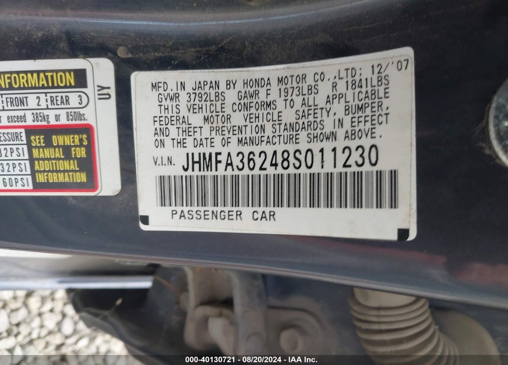 2008 HONDA CIVIC HYBRID VIN: JHMFA36248S011230