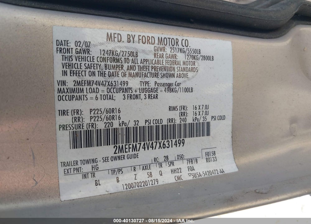 2007 MERCURY GRAND MARQUIS GS VIN: 2MEFM74V47X631499