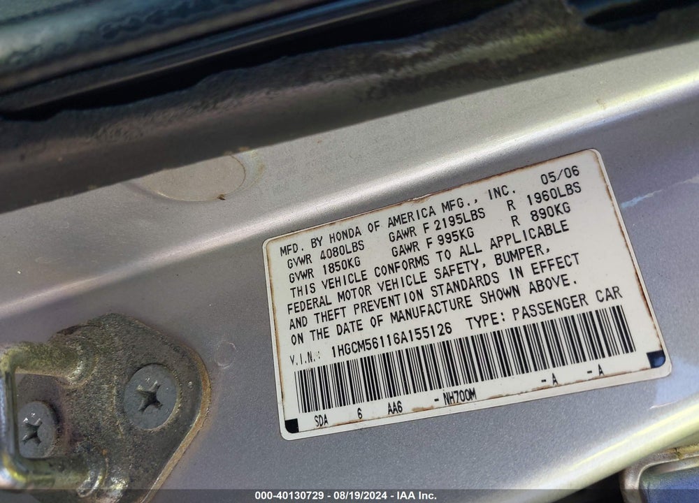 2006 HONDA ACCORD 2.4 VP VIN: 1HGCM56116A155126