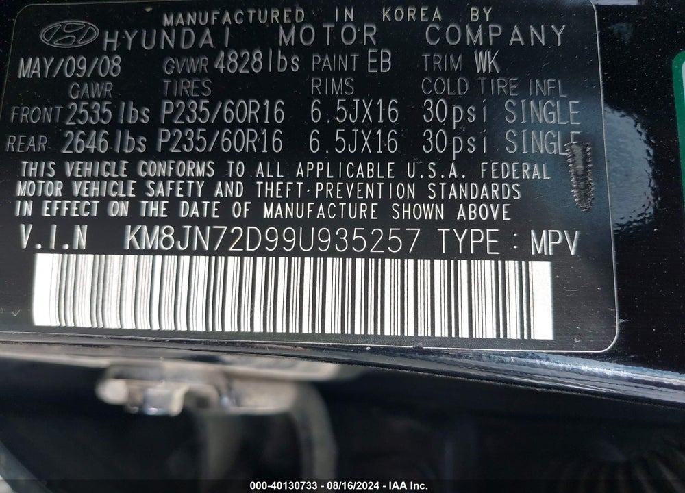 2009 HYUNDAI TUCSON LIMITED V6 VIN: KM8JN72D99U935257