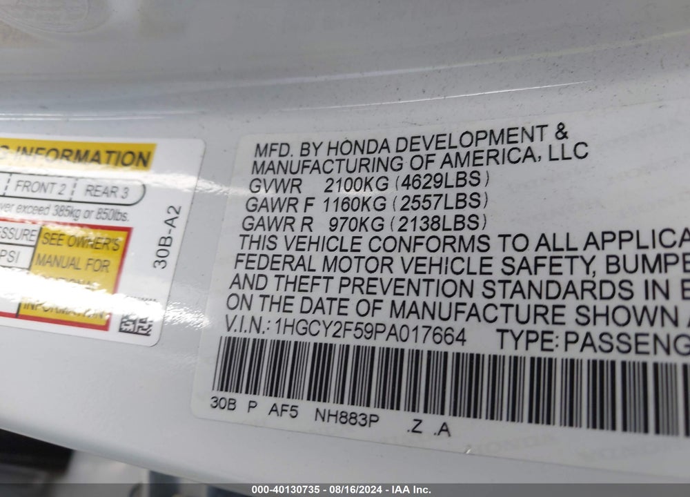 2023 HONDA ACCORD HYBRID SPORT VIN: 1HGCY2F59PA017664