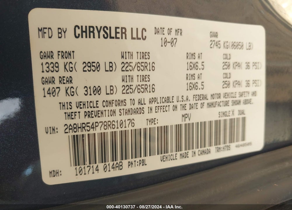 2008 CHRYSLER TOWN & COUNTRY TOURING VIN: 2A8HR54P78R610176