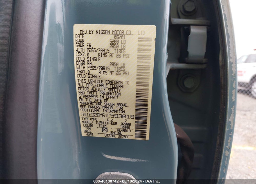 2001 NISSAN XTERRA XE VIN: 5N1ED28Y61C593018
