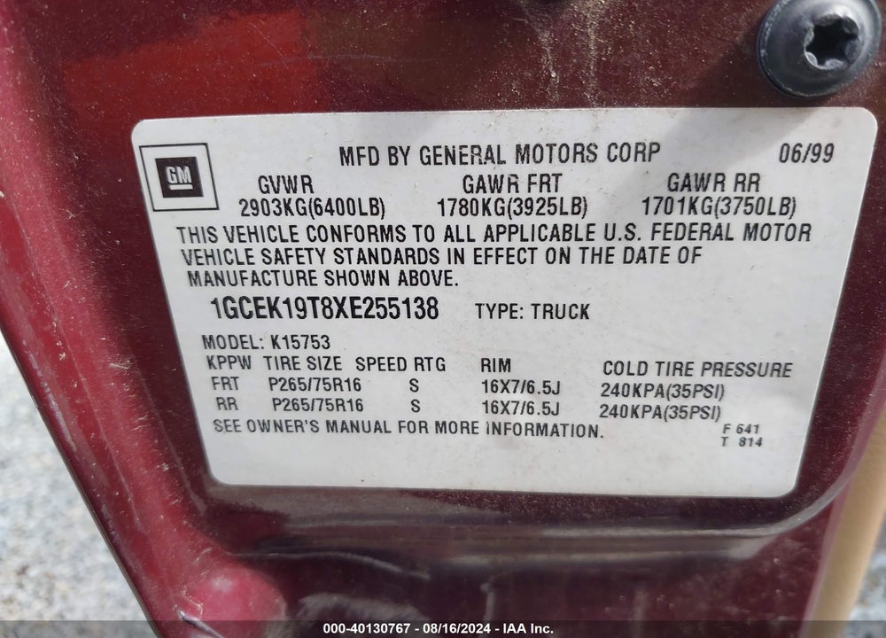 1999 CHEVROLET SILVERADO 1500 LS VIN: 1GCEK19T8XE255138