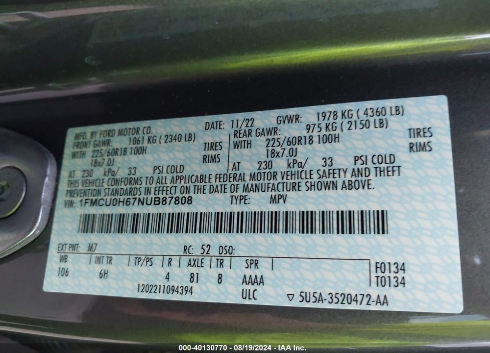 2022 FORD ESCAPE SEL VIN: 1FMCU0H67NUB87808