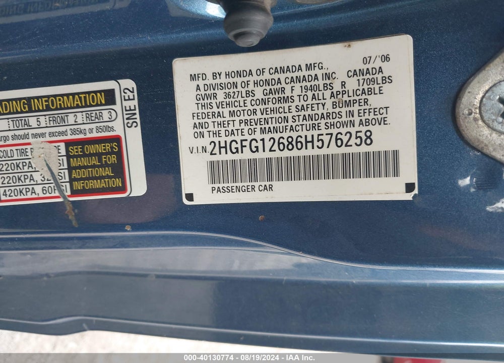 2006 HONDA CIVIC LX VIN: 2HGFG12686H576258