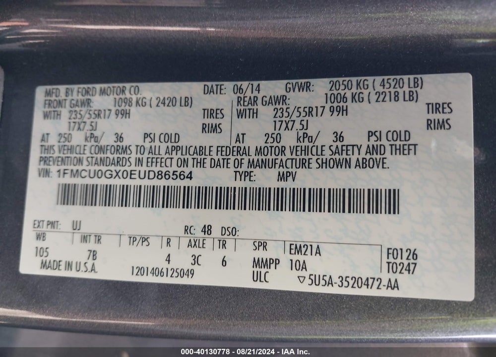 2014 FORD ESCAPE SE VIN: 1FMCU0GX0EUD86564