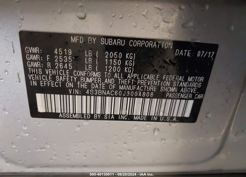2018 SUBARU LEGACY 2.5I PREMIUM VIN: 4S3BNAC60J3004808