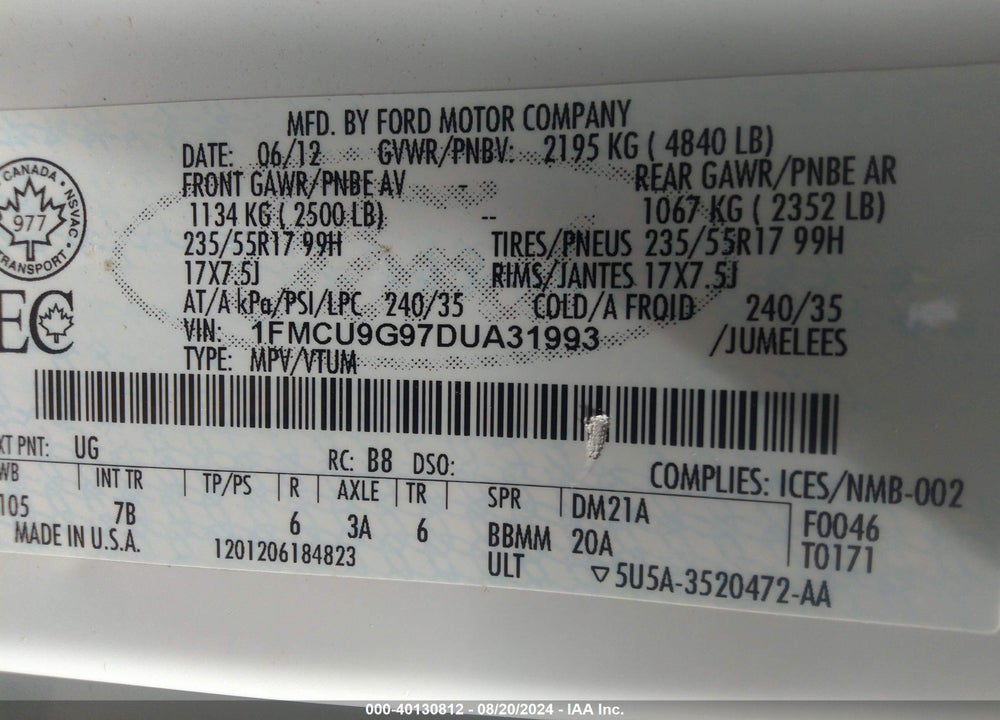 2013 FORD ESCAPE SE VIN: 1FMCU9G97DUA31993