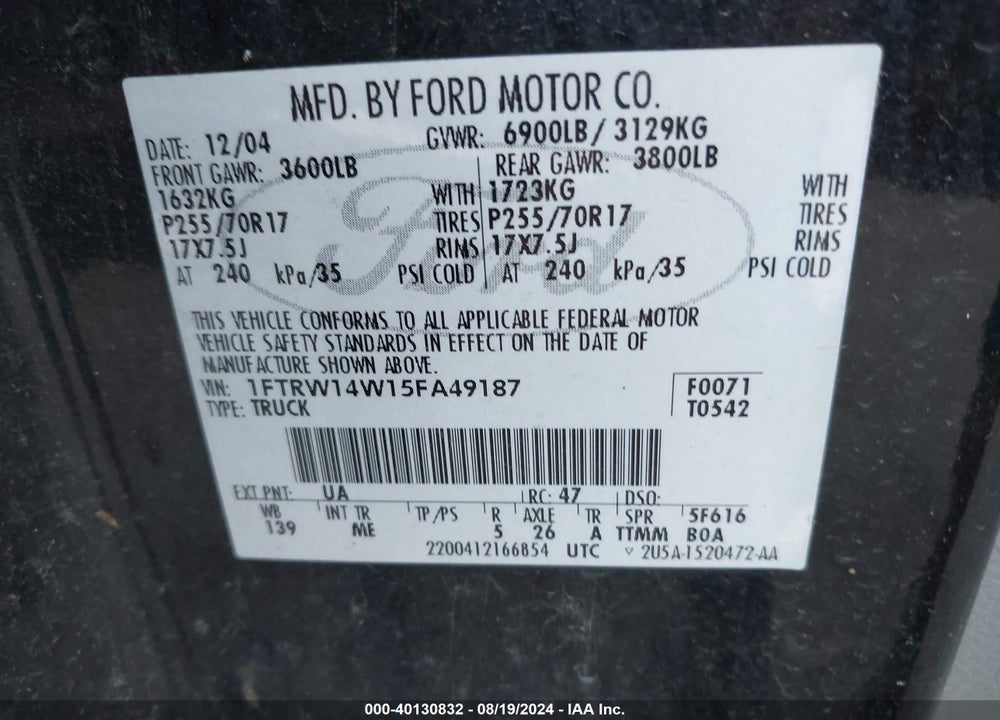 2005 FORD F-150 XLT VIN: 1FTRW14W15FA49187