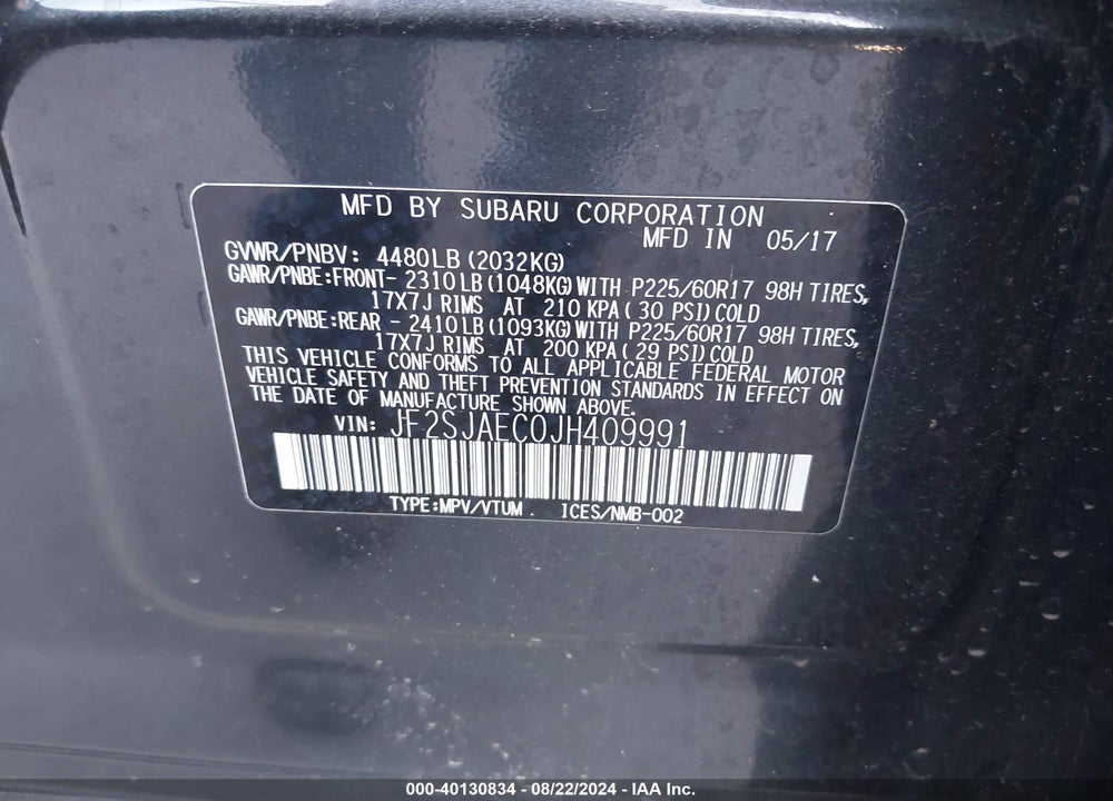 2018 SUBARU FORESTER 2.5I PREMIUM VIN: JF2SJAEC0JH409991